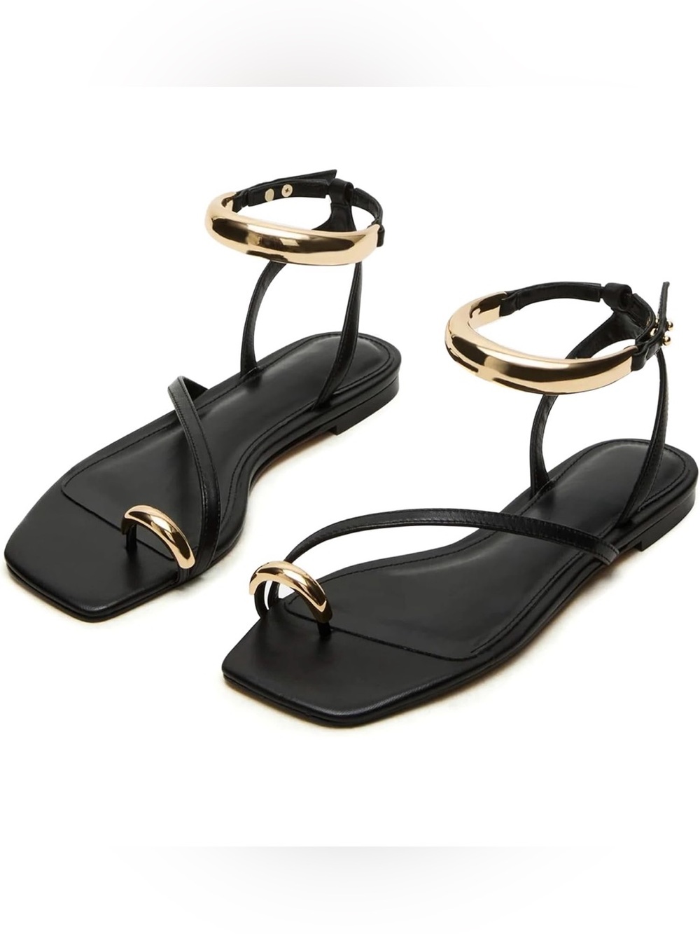 Black Strappy Flat Sandals with Gold Ankle Cuff